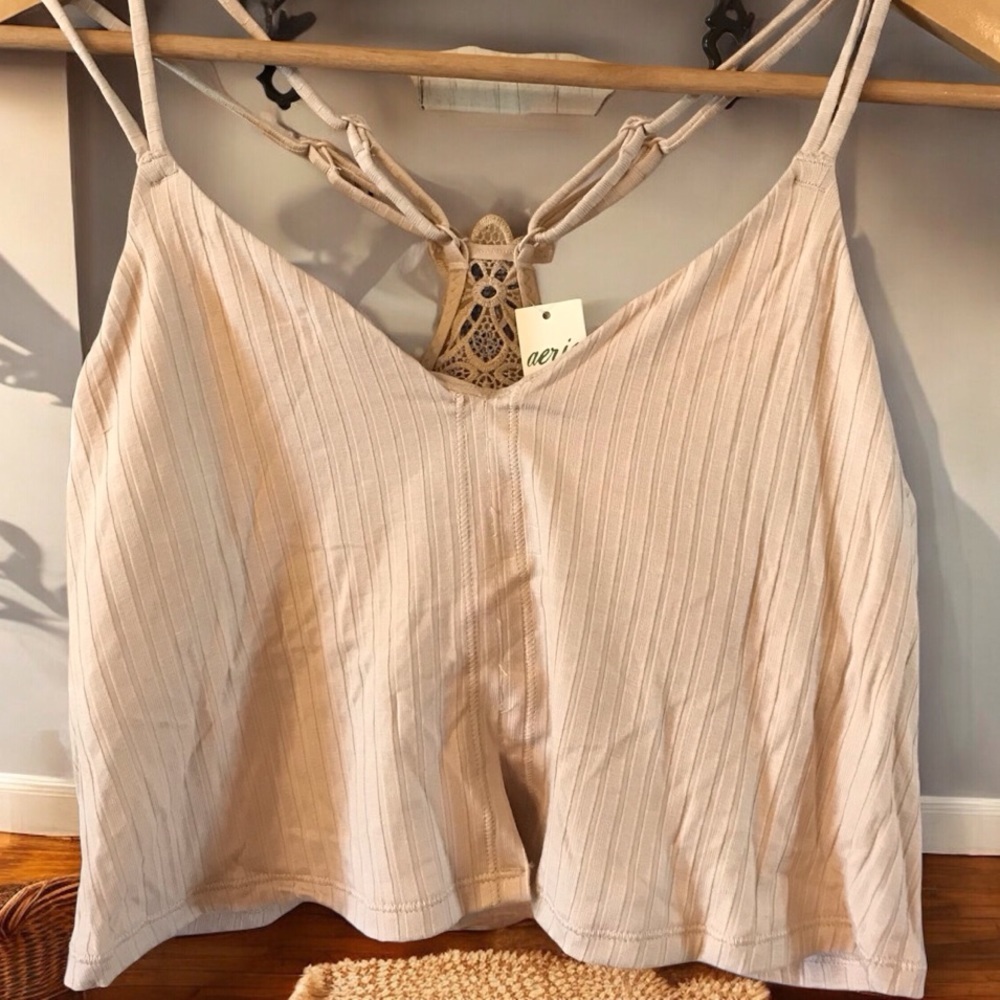 Aerie Beige Ribbed Cream Strappy Crop Lace back bralette sz large medium